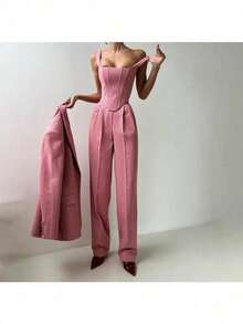 Autumn And Winter Fish Bone Fashion Waist Versatile Long Jacket Women's Vest Pants Three-Piece Suit Suit Long-Sleeved Women's Clothing - 粉色 - 查看 3