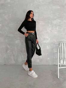 Black PU Tapered Carrot Pants, Women's, With Pockets, Belt And Zipper, Medium Stretch, Long Length, Suitable For Casual Wear - Black - View 4