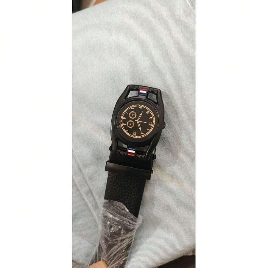 Men's Dress Belt In Synthetic Leather With Automatic Mechanism - 鐘面 - 查看 1