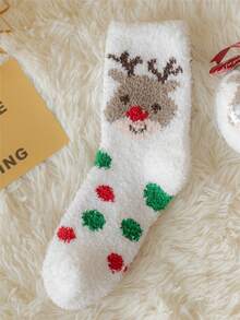 1 par de calcetines de media caña gruesos, suaves y cálidos de doble cara con diseño de Papá Noel para adolescentes/niños en Navidad - Rojo - Ver 10