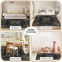1Pc Large Mystical Moon & Golden Crescent Floral Area Rugs, Celestial Black With Golden Accents,Non-Slip Backing, Lightweight, Durable Polyester, Machine Washable, Easy To Clean, Soft Felt Back, Rug For Living Room, Bedroom Or Office, Sofa, Coffee Table, Kitchen, Bathroom, Balcony, Entrance Carpet, Apartment, Dormitory, Porch, Patio, Farmhouse Decor, Halloween, Fall Decor, Dark Academia Style, Indoor Use, Rugs For Living Room, Low Pile Carpet - 樣式 1 - 查看 7