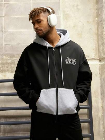 Alltony 男士秋冬拉链卫衣，带保暖内衬，黑灰撞色设计，经典百搭，适合日常穿着、街头风格、运动、休闲通勤等场合。