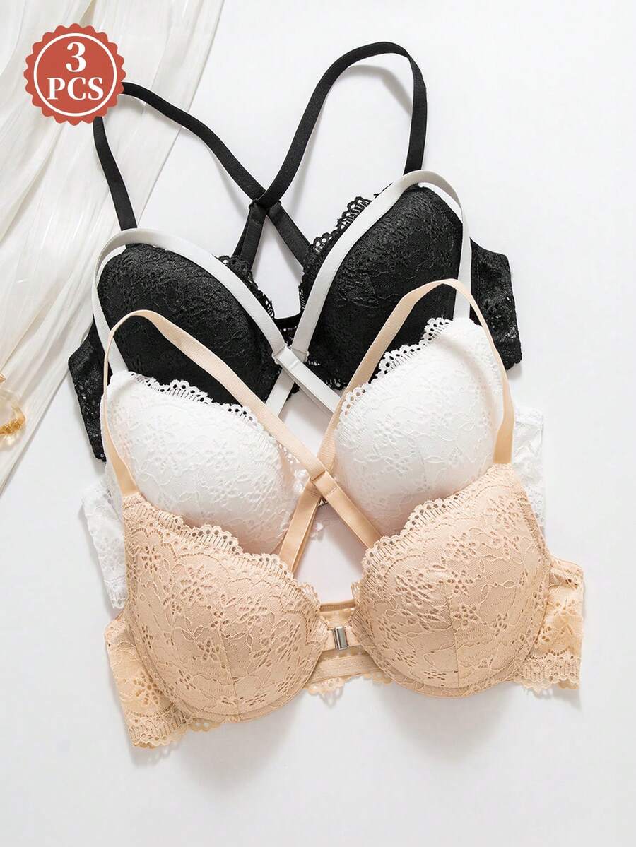 Bộ 3 áo ngực ren gợi cảm có gọng, áo ngực nâng ngực kiểu dây chéo dành cho phụ nữ ngực nhỏ.