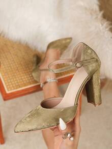 Women's French Style High Heels, New Design Thick Heel Solid Color Elegant Spring Soft Leather Pointed Toe Buckle Strap Work Commute Comfortable High Heel Pumps - Rose Gold - View 3