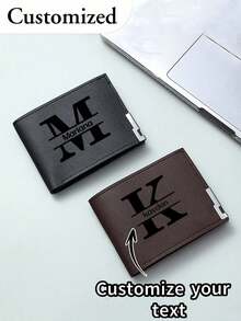 Ví ngắn nam thiết kế riêng, màu trơn, in chữ, làm bằng da PU, ví gấp đôi đơn giản bằng da PU, nhiều ngăn đựng thẻ, quà tặng cá nhân hóa cho anh trai, cha, bạn trai, ngày kỷ niệm, ngày của cha, giáng sinh, ngày lễ tình nhân - màu đen - Xem 3