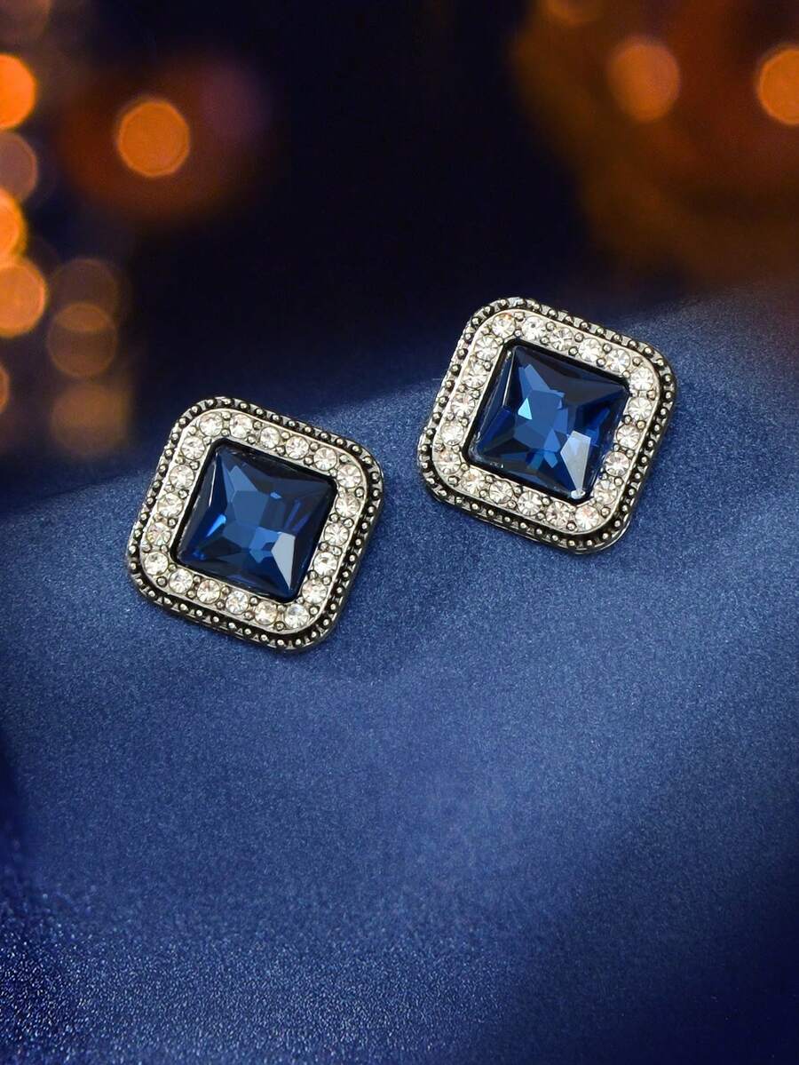 2pcs Fashionable Square Blue Rhinestone Stud Earrings For Women In Business Or Leisure - Navy Blue - View 1