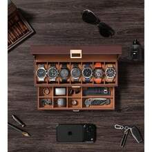 GSYY Watch Case Box For Men - 7 O Watches Sage Organizer Real-Glass Dilay Case With Ewelry Der 2-Layer PU Leather Collecn Holder Gift For Loved Ones Brown - 棕色 - 查看 6