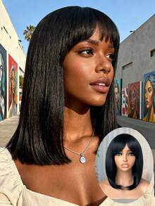 16 Inch Light Straight Bob Wig With Bangs Synthetic Wig Realistic Short Black Bob Wigs, Cut Bob Wig Glueless - Multicolor - View 2