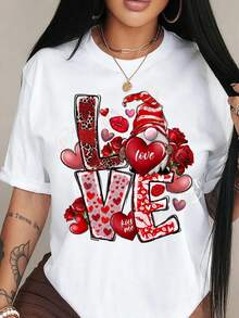 White T Shirt Love Gnome Heart Roses Valentine Print For Women Casual Wear - trắng - Xem 6