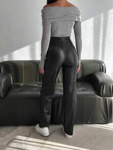 Women's Black PU Leather Wide Leg Pants, Casual Trousers With Zipper And Pockets, Medium Stretch Fabric - Black - View 7