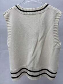 Plus Size Color Block Listrado V-neck Sweater Vest - Damasco - Ver 2