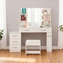 Dressing Table With Mirror, Drawer And LED Lighting - White - View 2