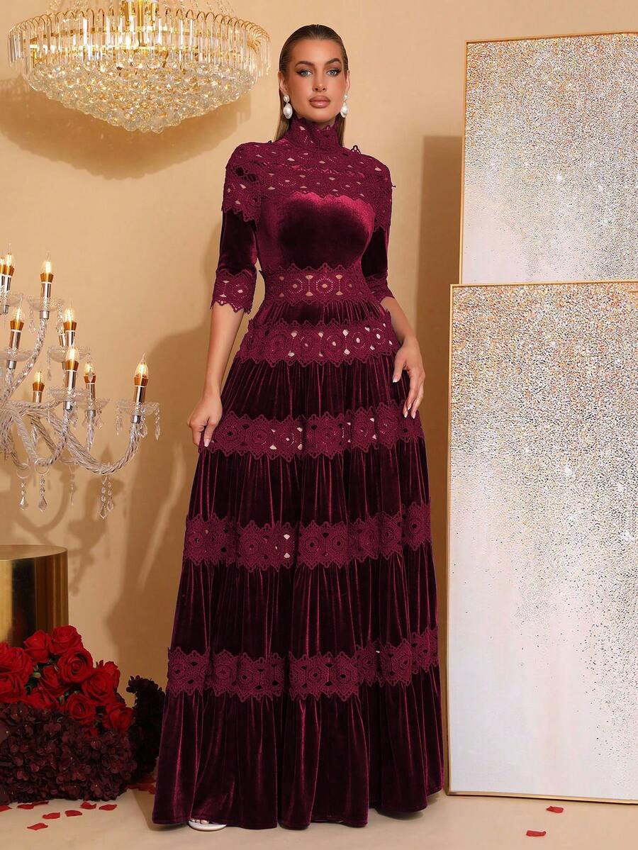 新款复古花卉刺绣镂空设计法兰绒长款连衣裙，高领长袖修身褶皱性感礼服，女士婚礼、派对、正式晚礼服 - 酒紅色 - 查看 1