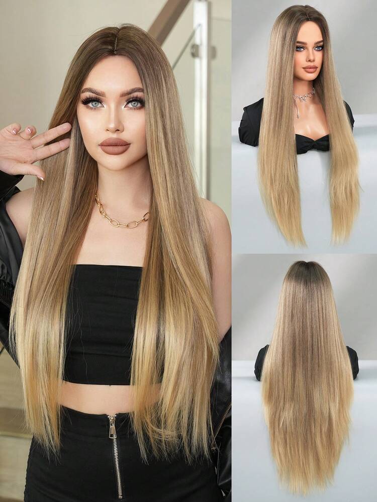 34 Inch Ombre Blonde Wigs For Women Super Long Straight Wigs, Elegant Fluffy Without Bangs Middle Part Wig,Very Soft Synthetic Heat Resistant Fiber Hair, Beautiful Full Machine Hair Wig Suitable For Fashion Girls Daily,Anime Or Costume Cosplay Decoration,Music Festival Dance Party Street Wear Use, Mother's Day Gifts - Linen Gold - View 2