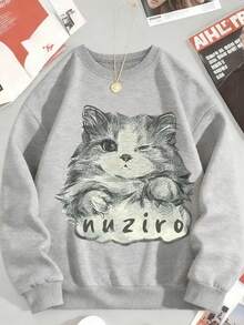 Cute Cat Nuziro Sweatshirt Unisex Crewneck Pullover Graphic Sweatshirt For Women And Men Soft Comfortable Casual Wear Perfect For Everyday Use Gift Idea For Cat Lovers - 灰色 - 查看 2