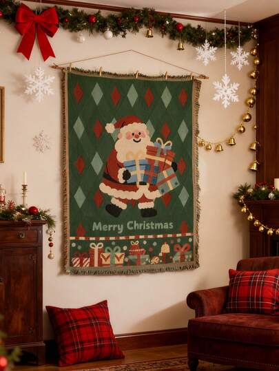卧室墙毯（卡通圣诞老人）双面编织带流苏毯 180x130厘米 - 圣诞装饰家居房间装饰墙画，多功能披肩，适用于沙发、床、露营、桌布、地毯