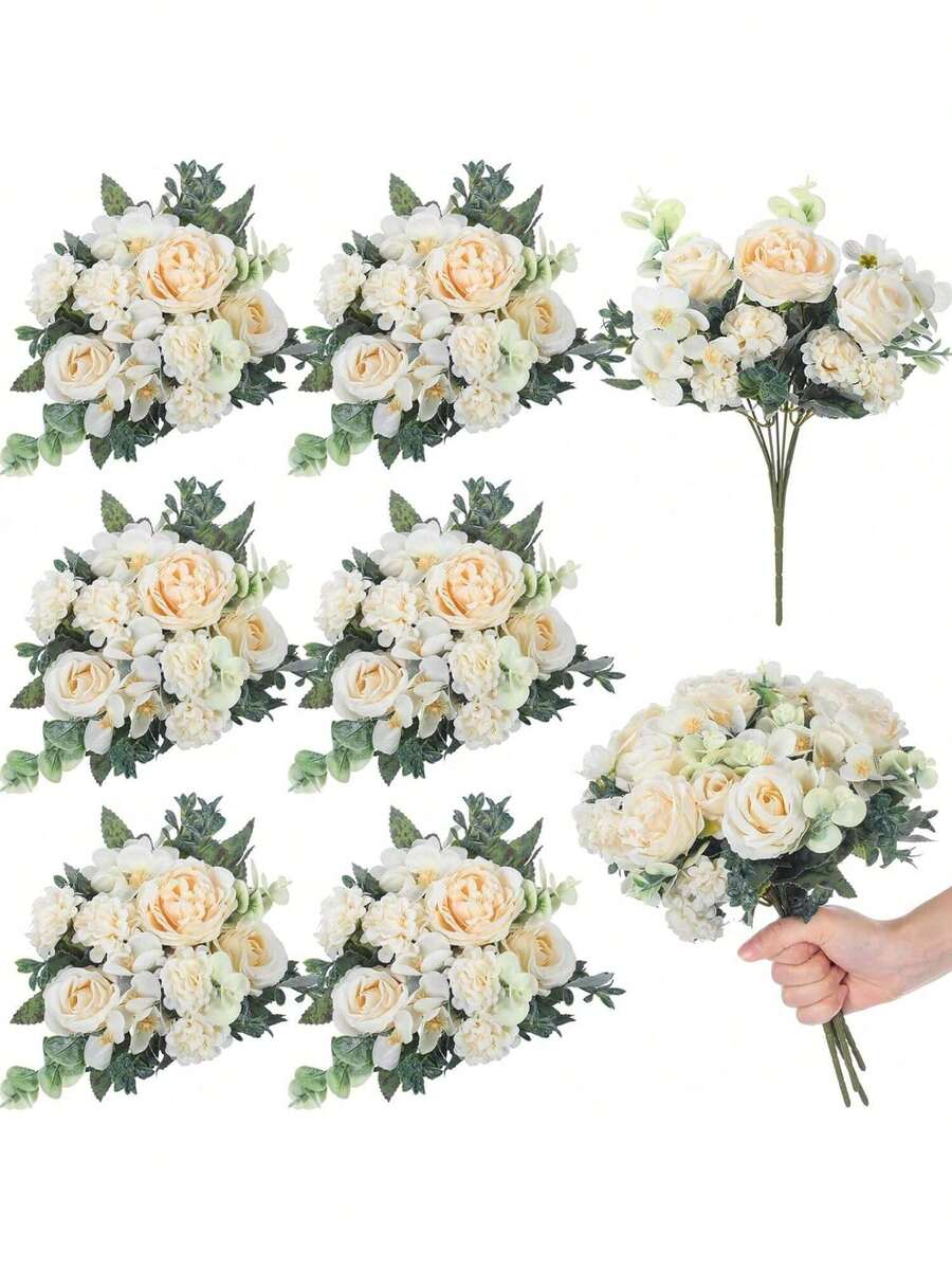 1支浪漫丝绸牡丹绣球花束,人造花,塑料花心,适合春秋季婚礼花瓶插花,也适用于母亲节/父亲节/节日生日/派对装饰/婚礼/房间/家居/厨房/卧室/客厅/餐桌装饰/新娘捧花/户外花园装饰 - 白色 - 查看 1