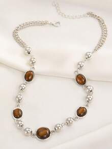 1pc Fashion Luxury Geometric Tiger Eye Beaded Chain Necklace, Suitable For Women's Daily And Holiday Wear - Silver - View 6
