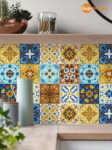 SUPSTICKER 12 piezas de pegatinas de pared de PVC con diseño de azulejos vintage bohemio, autoadhesivas, impermeables y resistentes al calor, de varios tamaños, para decoración DIY de cocina y hogar - Multicolor - Ver 7