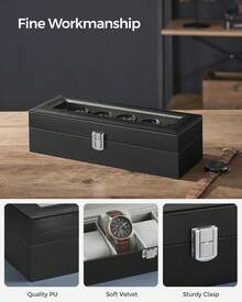 Watch Box With 6 Slots, Watch Case With Glass Lid, Watch Display Box With Removable Watch Pillows, Metal Clasp, Gift Idea, Black Synthetic Leather, Greenish Grey Lining - Grey - View 5