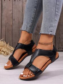 Women's Solid Color Hook And Loop Flat Casual Sports Sandals, Suitable For Commuting, Vacation, - Black - View 5