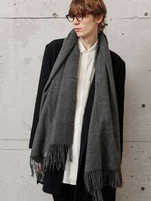 1条经典人字纹流苏纯色羊绒围巾，男女通用时尚休闲防风保暖披肩，舒适毯式围巾，适合日常佩戴，秋冬季 - 深灰色 - 查看 3