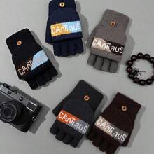 2 Pairs Winter Jacquard Letter Gloves, Thermal Lined Warm Cycling Gloves, Winter Warm Half Finger Flip-Top Gloves - Multicolor - View 2