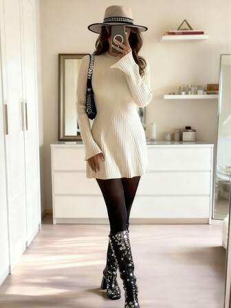 Women's Fashion Oversized Casual Comfort Details Solid Color Sweater Dresses