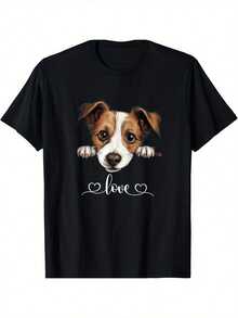 1 pezzo Maglietta in cotone da uomo con grafica dolce per il cane Jack Russell Terrier, stampa "Love", collo rotondo, maniche corte, vestibilità regular, motivo cartoni animati, tessuto a maglia - Nero - nero - Visualizzare 6