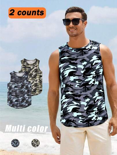 男士迷彩无袖背心两件套 - 户外休闲运动风，舒适百搭，适合海滩度假和健身锻炼，男士上衣