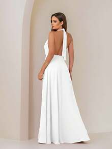 Long White Halter Neck Dress With Tie Straps Yasmin New Year's Eve Party Dress With Flowing Long Skirt With Lining And Slit NM Nana Marie - 白色 - 查看 2