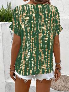 Women's Summer Casual V-Neck Short Sleeve Allover Print Shirt, American Vintage Texture Print Shirt, Vacation Style Flattering Versatile Design - Dark Green - View 2