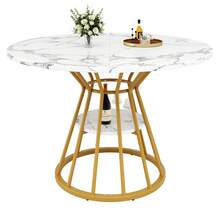 Round Dining Table (1 Piece), Kitchen Table, Breakfast Table, Metal Legs, Gold/Black Marble Pattern - Gold - View 8