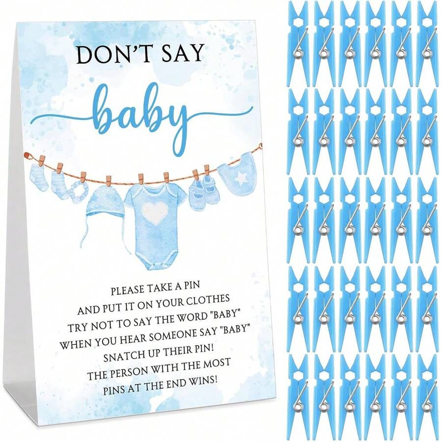 51pcs Baby Shower Game Set, Includes "Don't Say Baby" Sign And 50pcs Plastic Baby Shower Clothespins, Baby Shower Party Supplies For Gender Reveal - Baby Blue - View 1