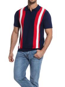 Men's Knit Polo Shirt Short Sleeve – Vertical Stripe Casual Golf Shirt, Soft Stretch Summer Collared Top - Royal Blue - View 2