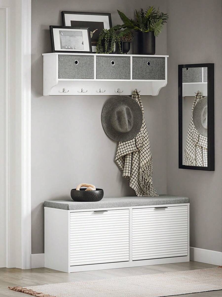 SoBuy FSR147-W，门厅鞋凳鞋架鞋柜，带 2 个翻盖抽屉和座垫 - 白色 - 查看 1