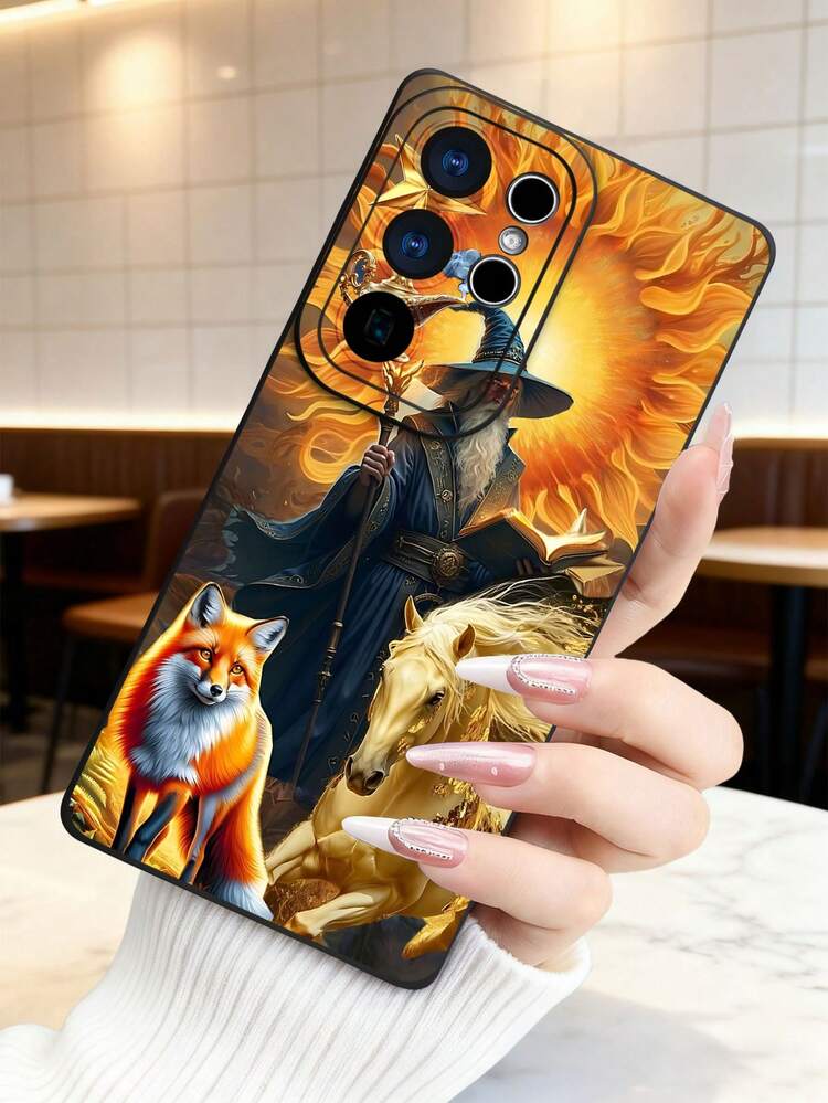 1 pieza Funda de teléfono con diseño de mago, zorro y caballo dorado sobre fondo de fuego, estilo artístico fantástico ideal para fiestas temáticas, moda urbana creativa, protección elevada para lente con diseño de ojo, resistente a golpes, compatible con iPhone17 ProMax/16/15/14/13/12/11/Plus/Pro/ProMax, compatible con Galaxy A34/A35/A54/A55, Galaxy S20/S21/S22/S23/S24/S25 Ultra/Plus, compatible con Galaxy/Redmi/Honor/OPPO/ViVo - Negro - Añade 3