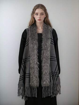 1 pieza Poncho a cuadros para mujer, con flecos suaves a rayas