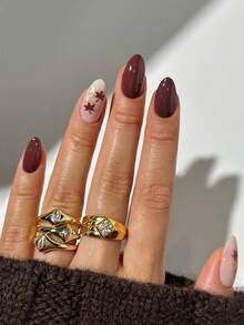 French Maple Leaf Acrylic Nails 24Pcs Gold Chrome Medium Almond Press On Nail Tips, Y2K Brown/Pink Artificial Nail Set, Decorated With Gold Nail Powder, Suitable For Nail Salons, Women's Daily Wear And Holiday Parties, Also Ideal As New Year Gifts