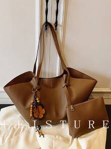 1 pieza Bolso de mano grande de unicolor FEISTURE de PU, bolso de hombro de moda con bolsillo pequeño y colgante, adecuado para salidas diarias, citas, ir al trabajo - Marrón - Ver 7