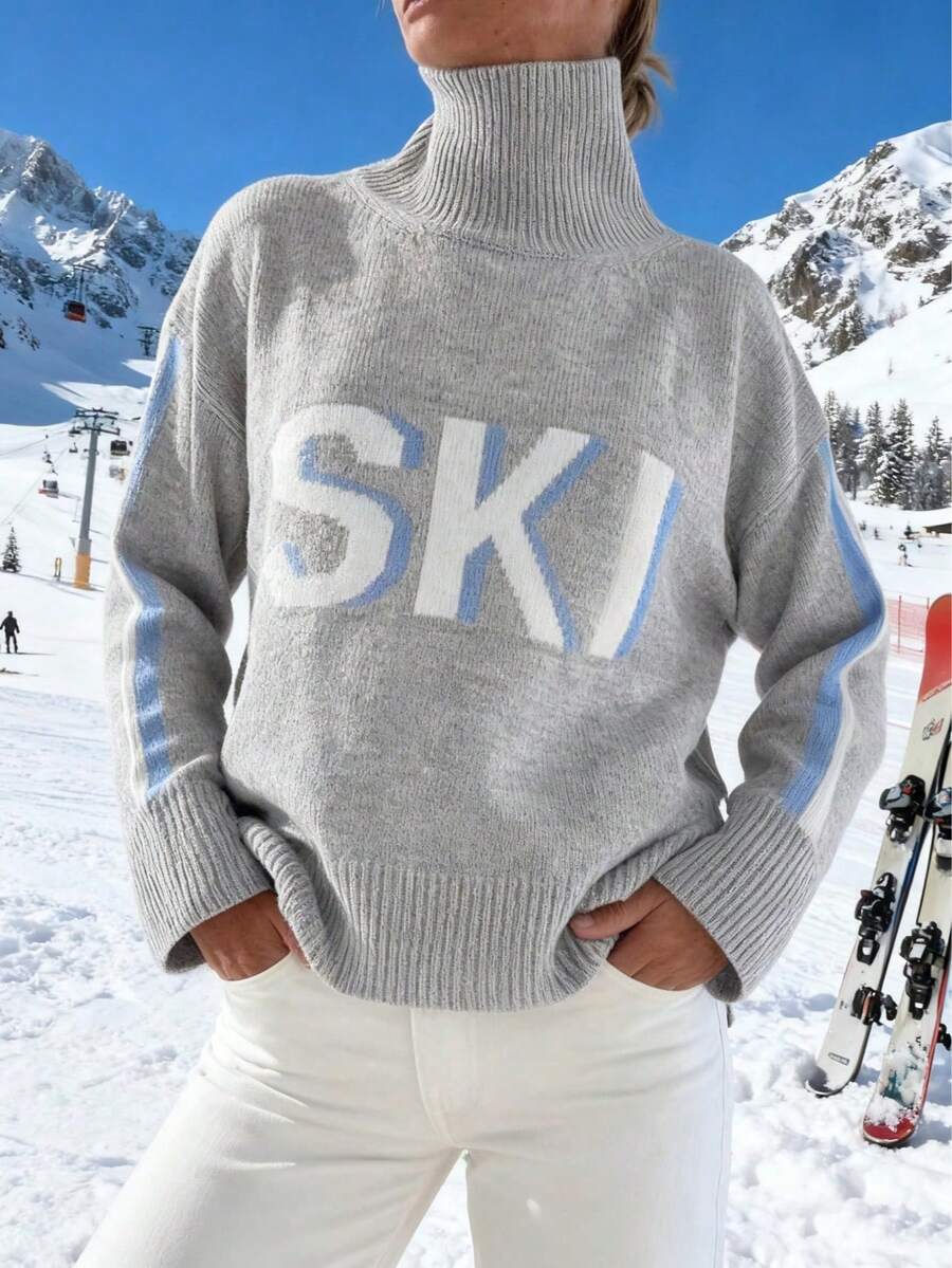 Women's New High Neck Drop Shoulder Long Sleeve Ribbed Waffle Knit Letter Jacquard Pattern Casual Comfortable Soft Fashion Sweater, Autumn/Winter