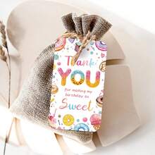 50 piezas Etiquetas de regalo con cuerda de cáñamo para fiesta de cumpleaños con donas dulces - Etiquetas colgantes de agradecimiento de colores para favores de fiesta, envoltura de regalo de celebración de cumpleaños - Multicolor - Ver 5