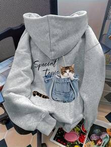 Áo hoodie cỡ lớn in hình mèo dễ thương và denim, phong cách ngọt ngào pha chút trẻ trung, thoải mái. - Màu Xám nhạt - Xem 2