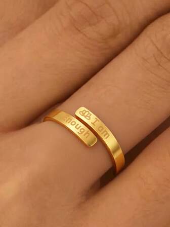 1pc Fashionable Minimalist Stainless Steel "I Am Enough" Engraved Inspirational Adjustable Ring, Suitable For Daily Wear