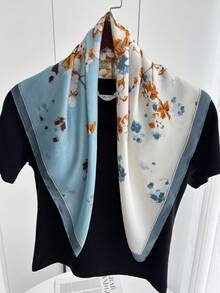 1件装女士优雅/复古时尚印花轻薄仿丝围巾/缎面方巾，可作头巾、颈巾、披肩。 - 藍白花 - 查看 3