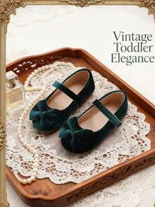 1双时尚深绿色平底鞋，天鹅绒蝴蝶结玛丽珍鞋，优雅公主风，适合派对礼服、节日庆典、生日派对等场合。 - 綠色 - 查看 9