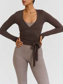 Women Ballet Wrap Top Long Sleeve Deep V Neck Cross Tie Workout Pilates Yoga Shirts Wrap Tie Crop Tops Sportswear Y2k Streetwear Slim Fitted Coquette Blouses - 咖啡色 - 查看 4