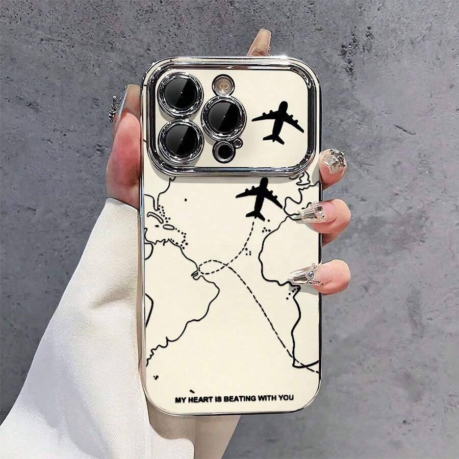 A Map Airplane Phone Case Suitable For IP 14 15 16 17 Pro Max Phone Case 11/12/13 Phone Case X/Xr/Xmax Electroplated Phone Case Silver Large Window All Inclusive Soft Case 17air Anti Drop Protective Cover - White - View 1