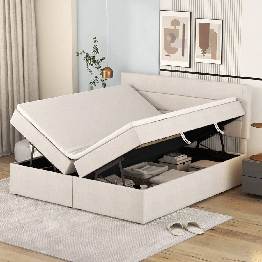 =(WX000503AAA) Upholstered Bed, 200x140cm, Double Bed With Metal Frame, Large Storage Space, Both Sides Fold Down, Beige - Beige + Solid Wood+MDF + Linen - View 1
