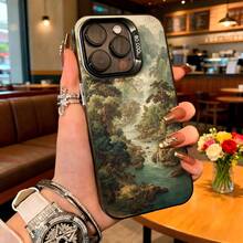 Carcasa de telefono con borde negro y diseño de paisaje montañoso con río verde azulado para iPhone 14 Pro Max estilo artístico vintage ideal para uso diario en cafeterías y salas de estar - Blanco - Ver 1